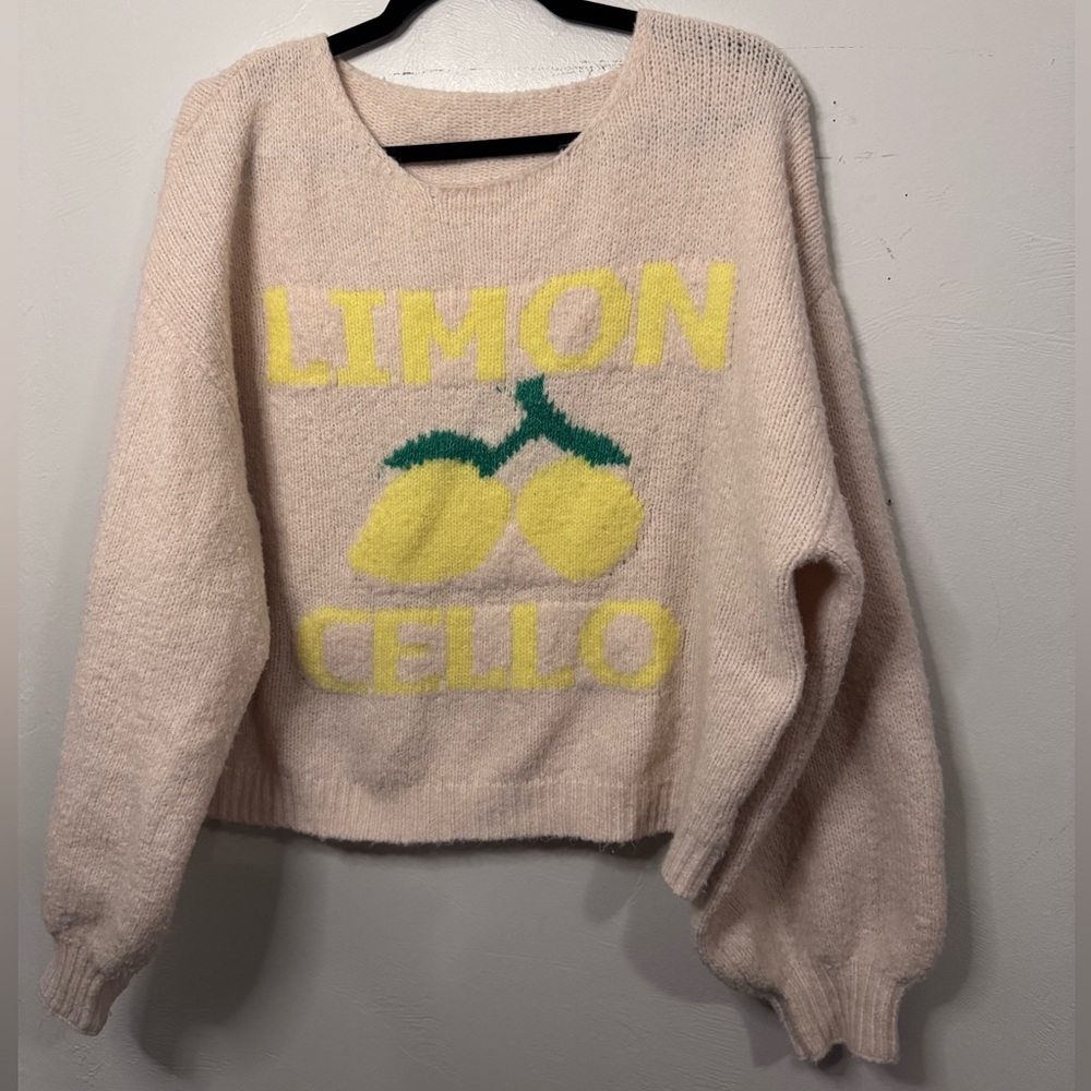 Limoncello Graphic Knit Sweater – Cream Lemon Print Pullover (Size L)